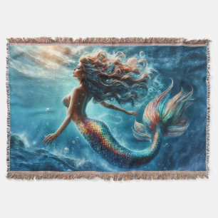 Graceful mythical sea dweller mermaid scene throw blanket