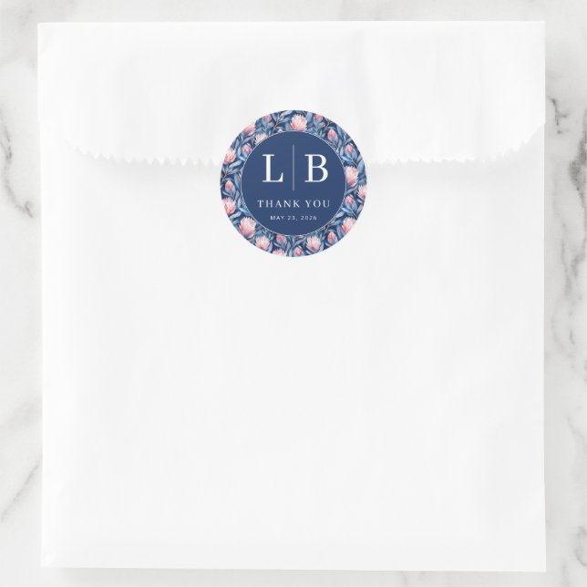 Graceful Navy Floral Pattern Classic Round Sticker (Bag)