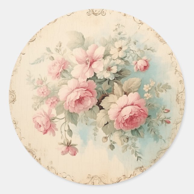 Graceful Patterns, Pink & Green Shabby Chic Classic Round Sticker (Front)