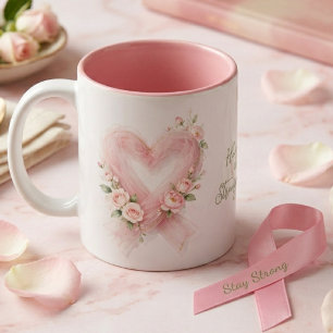 Graceful Pink Awareness Ribbon Heart Florals MH26 Two-Tone Coffee Mug