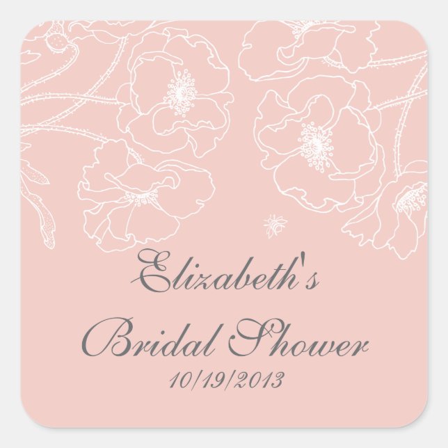 Graceful Pink Poppy Floral Bridal Shower Square Square Sticker (Front)
