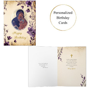 Graceful Purple Flowers Theotokos Icon Birthday Card