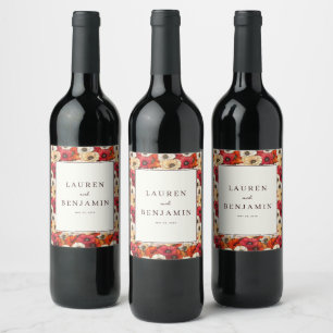 Graceful Red and White Floral Pattern Wine Label