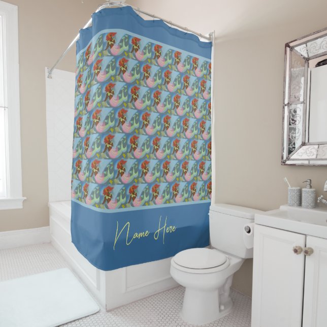 Graceful Red Haired Mermaid Pattern Personalised Shower Curtain (In Situ)