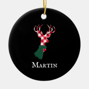 Graceful Reindeer Red Plaid Personalised Name Ceramic Ornament