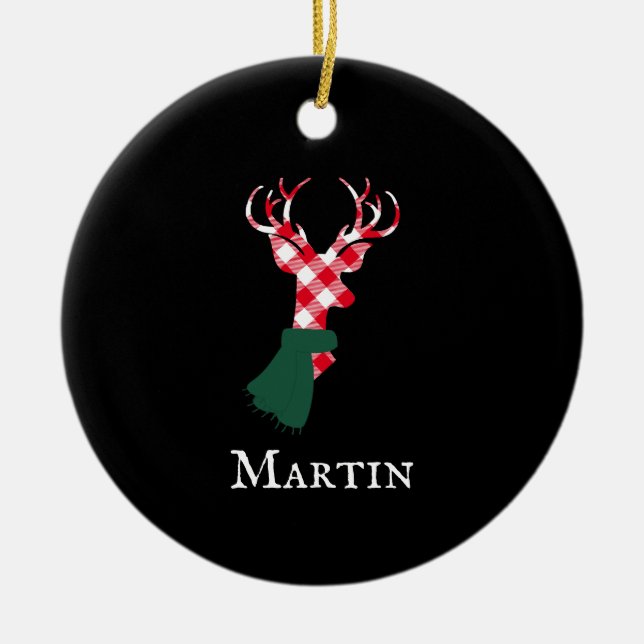 Graceful Reindeer Red Plaid Personalised Name Ceramic Ornament (Front)