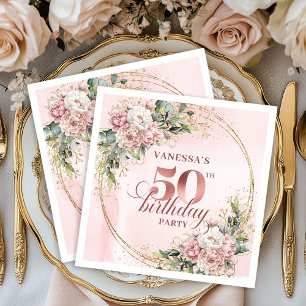 Graceful Rose Gold Blush Flowers 50th Birthday  Napkin