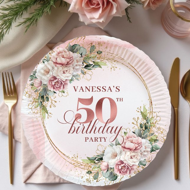 Graceful Rose Gold Eucalyptus 50th Birthday Floral Paper Plate (Graceful Rose Gold Eucalyptus 50th Birthday Floral Dinner Plates

)