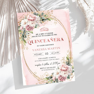 Graceful Rose Gold Floral Greenery Quinceanera  Invitation