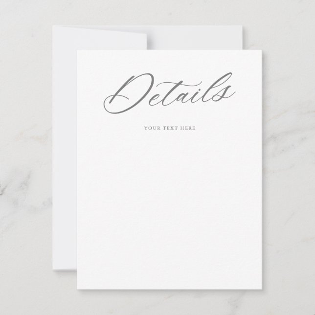 Graceful Script Wedding White Grey Details Card (Front)