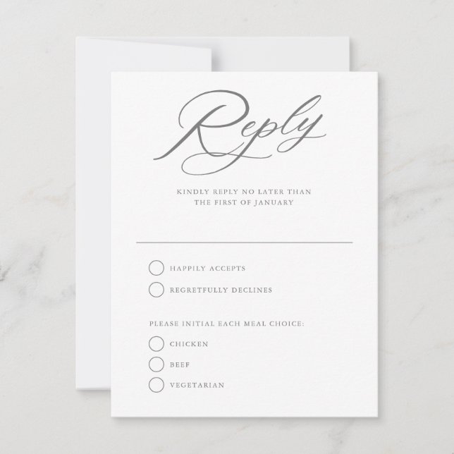 Graceful Script Wedding White Reply RSVP Card (Front)