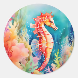 Graceful Seahorse in Vibrant Watercolor Layers Classic Round Sticker