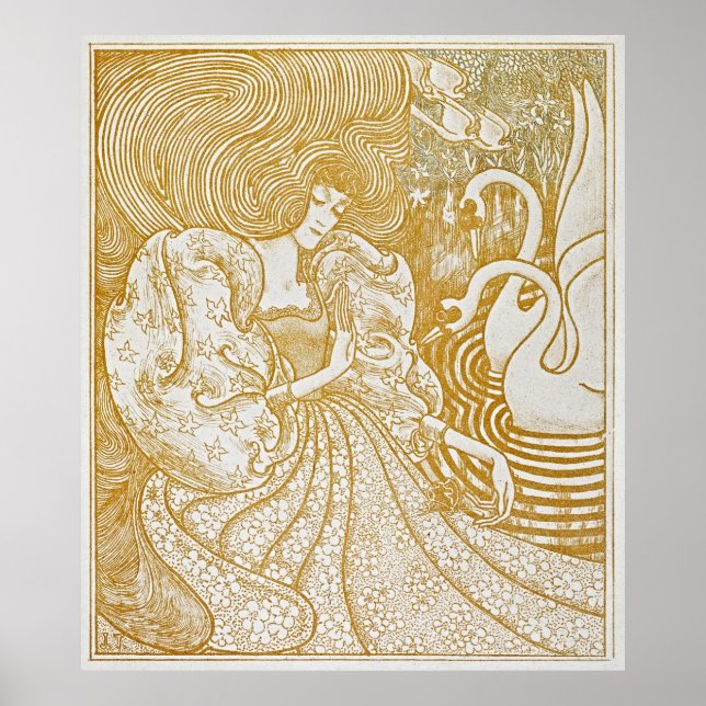 Graceful Serenity: Vintage Woman with Swans Poster (Front)