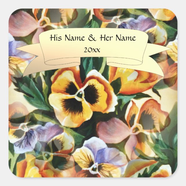 Graceful Stylish Gorgeous Pansies Personalise Square Sticker (Front)