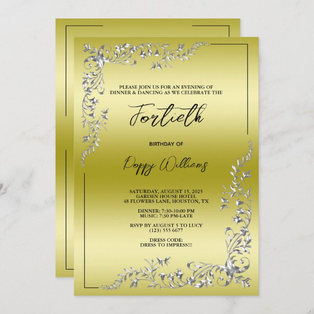 Graceful Stylish Silver Decoration Birthday Party Invitation (Front/Back)