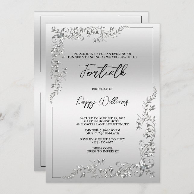 Graceful Stylish Silver Decoration Birthday Party Invitation (Front/Back)