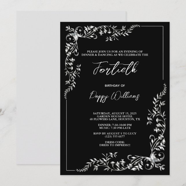 Graceful Stylish Silver Decoration Birthday Party Invitation (Front/Back)