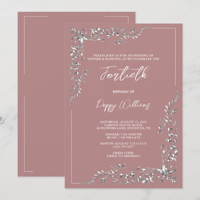 Graceful Stylish Silver Decoration Birthday Party Invitation (Front/Back)
