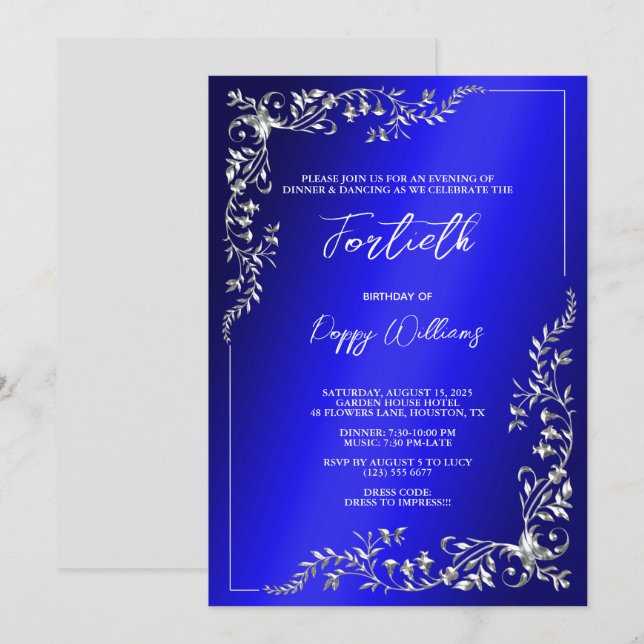 Graceful Stylish Silver Decoration Birthday Party Invitation (Front/Back)