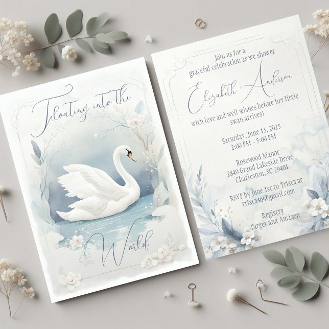 Graceful Swan Invitation (The front and back of a soft watercolor swan baby shower invitation in pale blue and gray. )