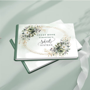 Graceful Sweet 16 green and gold boho foliage gues Guest Book