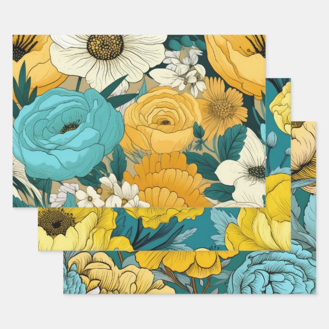 Graceful Teal, Yellow & White Floral  Wrapping Paper Sheet (Set)