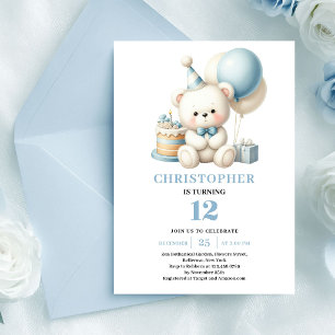 Graceful teddy bear blue balloons boy birthday invitation