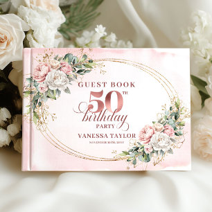 Graceful Watercolor Rose Gold Blush Floral Guest Guest Book