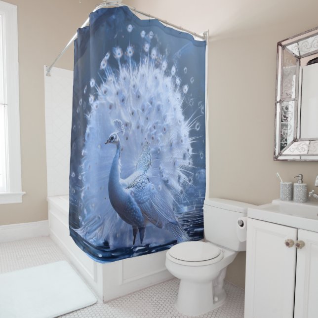 Graceful White Peacock Fully Fanned  Shower Curtain (In Situ)