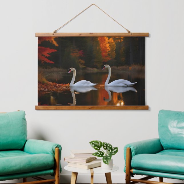 Graceful White Swans Gliding Across Autumn Pond Hanging Tapestry (Living Room)