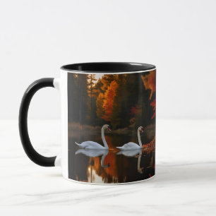 Graceful White Swans Gliding Across Autumn Pond Mug