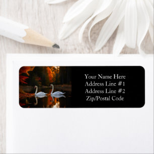 Graceful White Swans Gliding Across Autumn Pond Return Address Label
