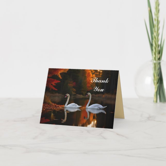 Graceful White Swans Gliding Across Autumn Pond Thank You Card (Front)
