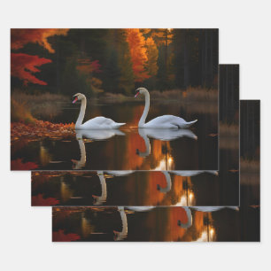 Graceful White Swans Gliding Across Autumn Pond Wrapping Paper Sheet
