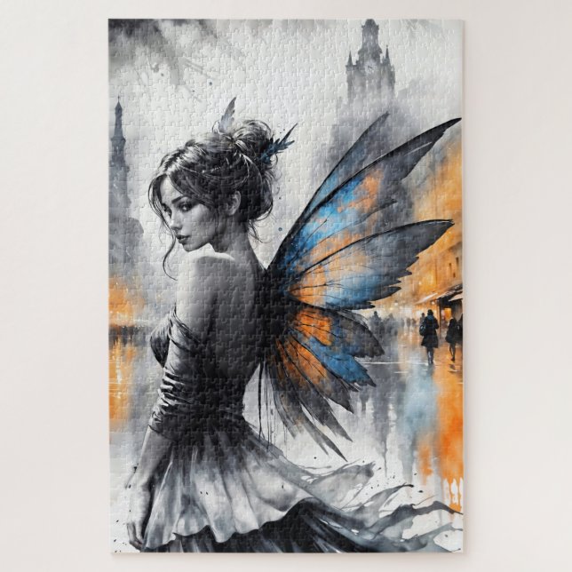 Graceful winged brunette minimalism urban dusk jigsaw puzzle (Vertical)