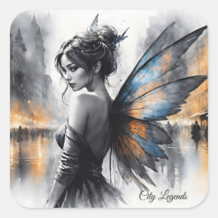 Graceful winged brunette minimalism urban dusk square sticker