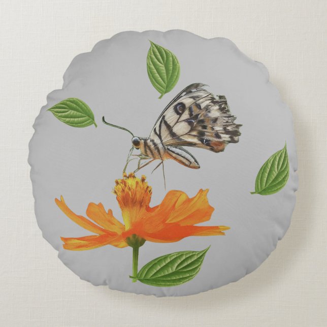 "Graceful Wings: A Butterfly in Bloom Round Cushion (Front)