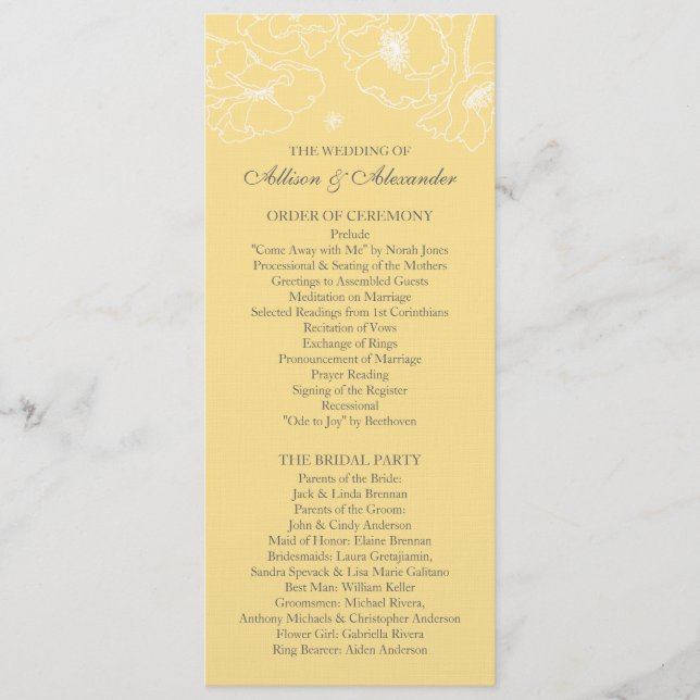 Graceful Yellow Poppy Floral Wedding Program (Front)