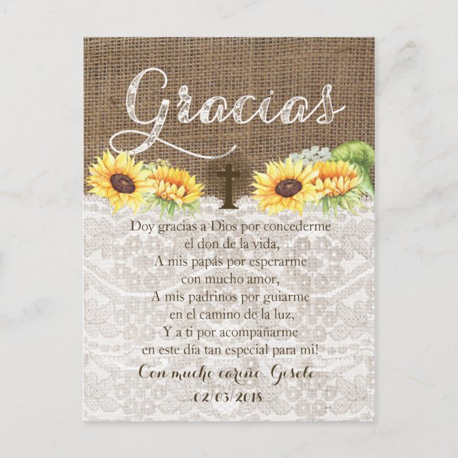 Gracias Baptism Prayer Thank You card in Spanish (Front)