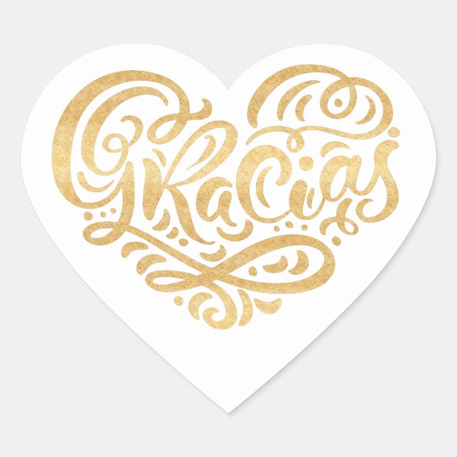 Gracias Modern Gold Cursive Script Typography Heart Sticker (Front)