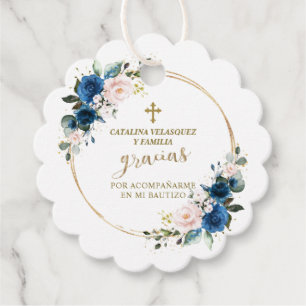 Gracias Pink Blue Floral Bloom Gold Cross Bautizo Favour Tags