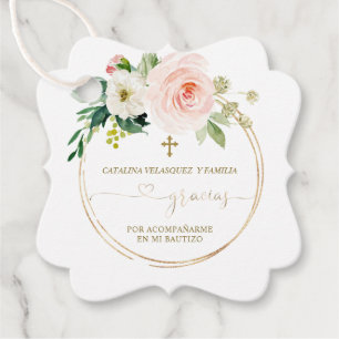 Gracias Pink Blush Floral Gold Cross Bautizo Favour Tags