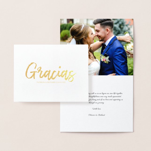 Gracias Stylish Script Wedding Thank You Photo Foil Card (Display)