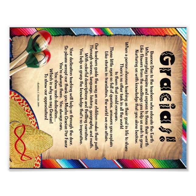 Gracias Teaher Appreciation Poem Photo Print (Front)