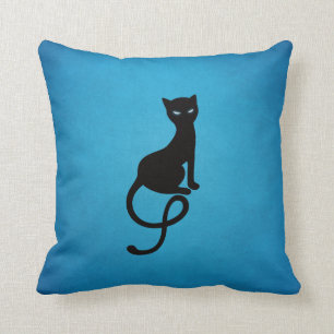 Gracious Evil Cat Silhouette - Black Kitty Blue Cushion