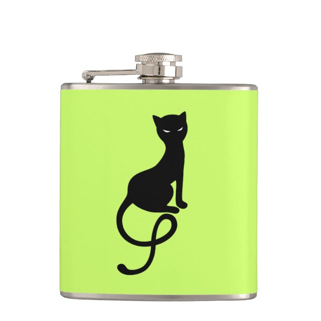 Gracious Evil Cat Silhouette - Black Kitty Green Hip Flask (Front)