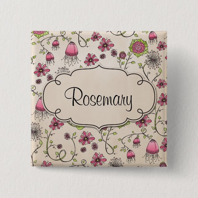 Gracious pink flowers with frame for name 15 cm square badge (Front)