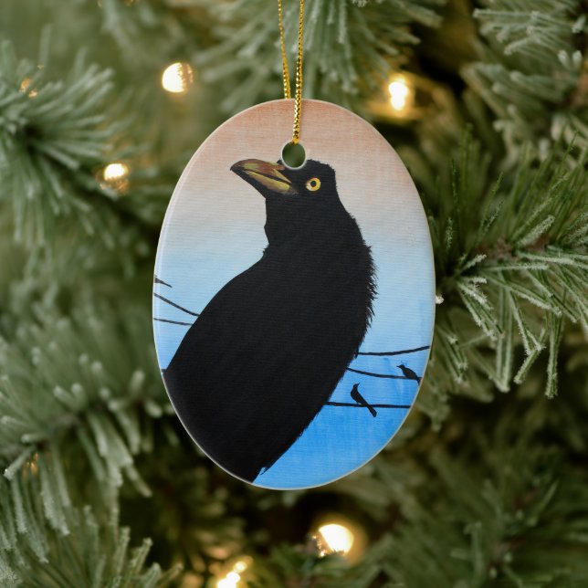 Grackle Austin Texas Black Bird Wildlife Painting Ceramic Ornament (Tree)