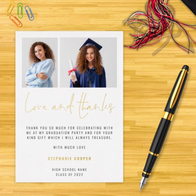 Grad 2024 2 Photos Gold Real Foil Thank You Card (Creator Uploaded)