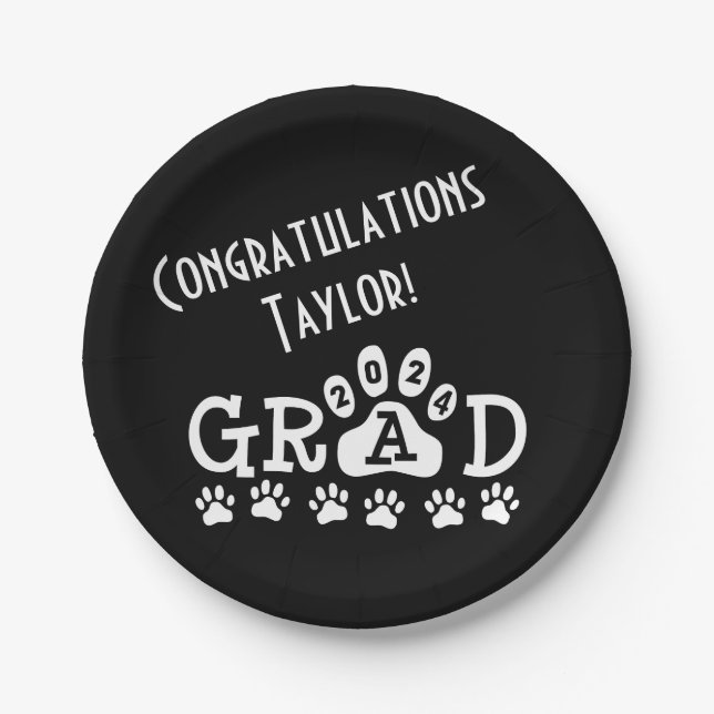grad 2024 black white | paw prints graduation paper plate (Front)